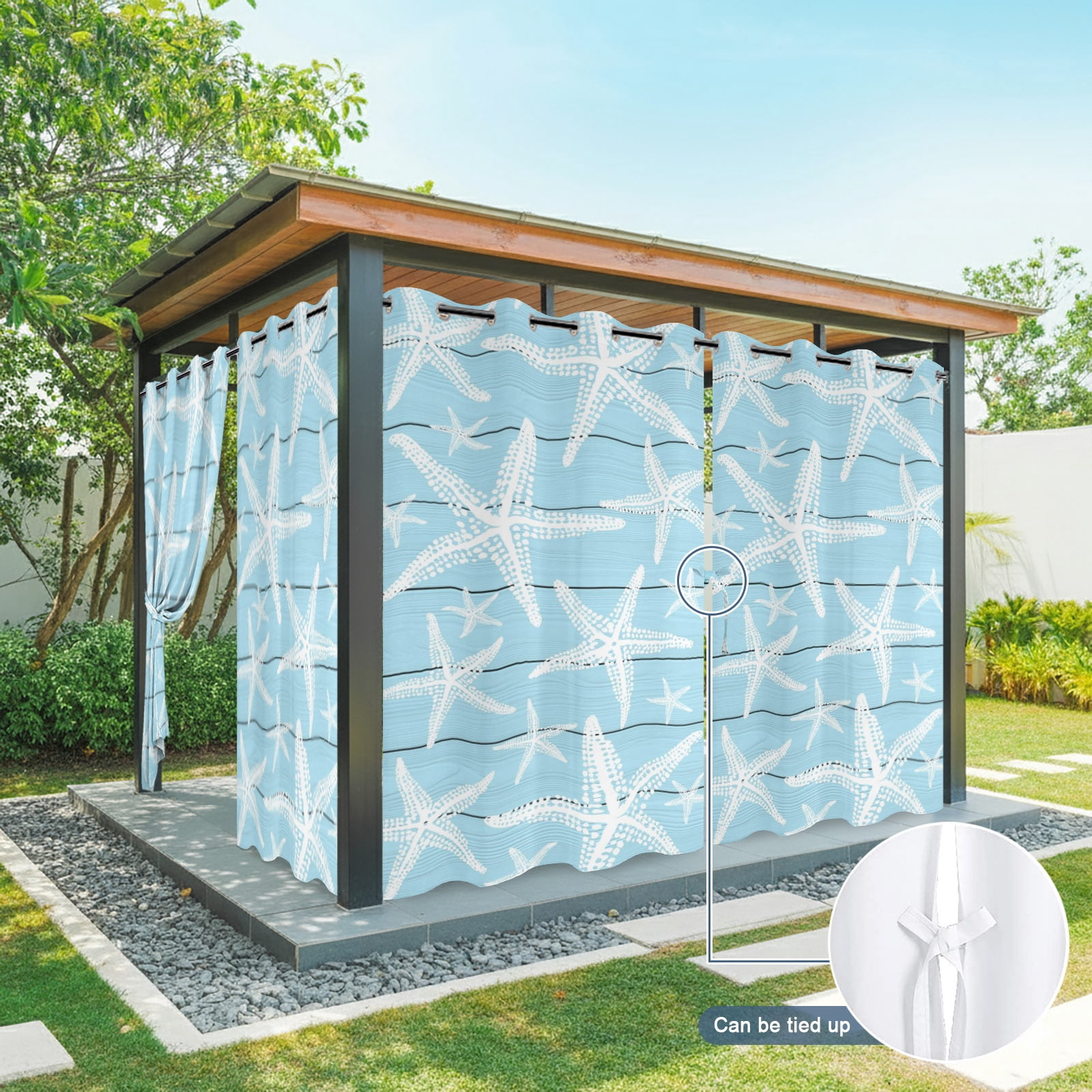 Coastal Light Blue Starfish Outdoor Curtains for Patio, Nautical Ocean Summer Minimalist Wood Grain Sunshade Privacy Drapes Grommet Waterproof Outside Curtains for Porch Balcony 54"x108", 1 Panel