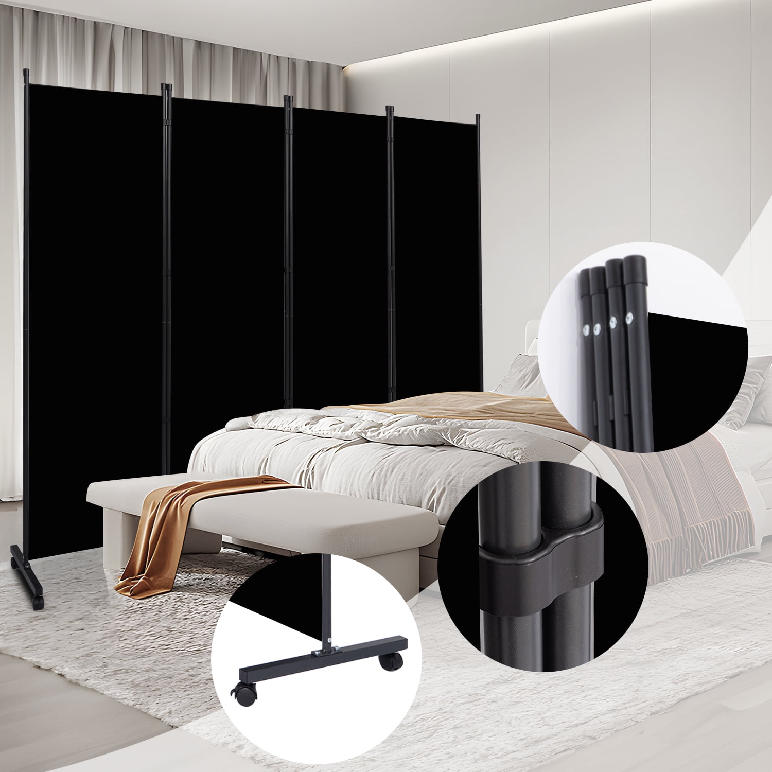 YASRKML 6FT 4 Panel Rolling Room Divider, Self-lockable Room Dividers and Folding Privacy Screens with Wheels, Partition Privacy Screens , Portable Wall Divider for Room Separation, Black