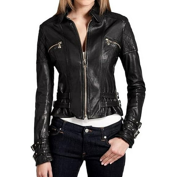 Womens Genuine Black Lambskin Leather Jacket Motorcycle Biker Leather Jacket W734