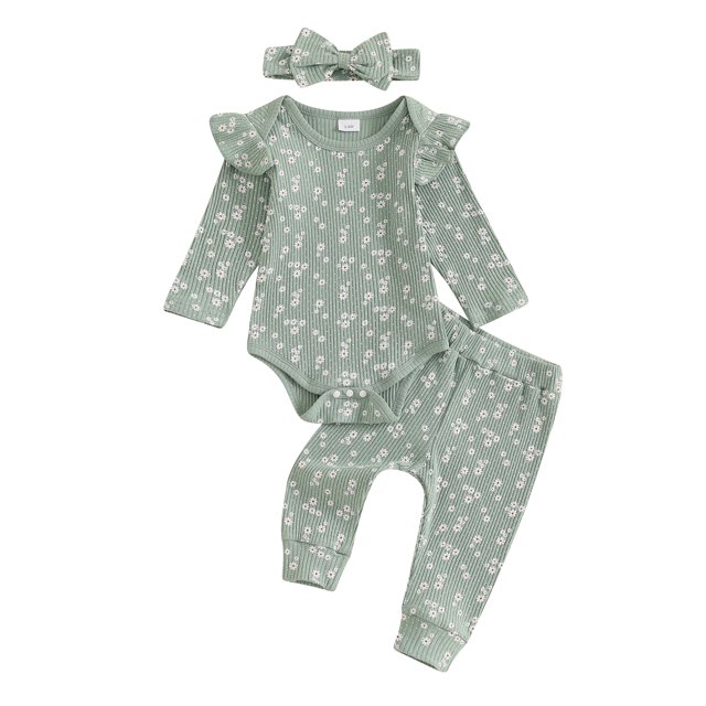 Gupgi Infant Girl Fall Outfits Baby Floral Print Crew Neck Long Sleeve Ribbed Romper Long Pants Headband 3Pcs Clothes Set
