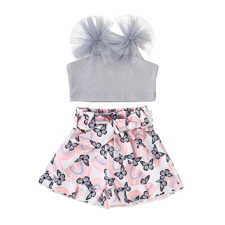 

REORIAFEE Toddler Outfit Baby Toddler Girl Clothes Girls Clothing Sets Toddler Kids Baby Girls Fashion Cute Sleeveless Mesh Suspender Top Butterfly Print Shorts Suit 12-18 Months