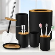 Livhil 6 Pcs Bamboo and Plastic Bathroom Accessories Sets, Specially Designed for Small Spaces, Toothbrush Cup Bath Accessories Sets Suitable for Homes, Hotels, Office Buildings (Black)
