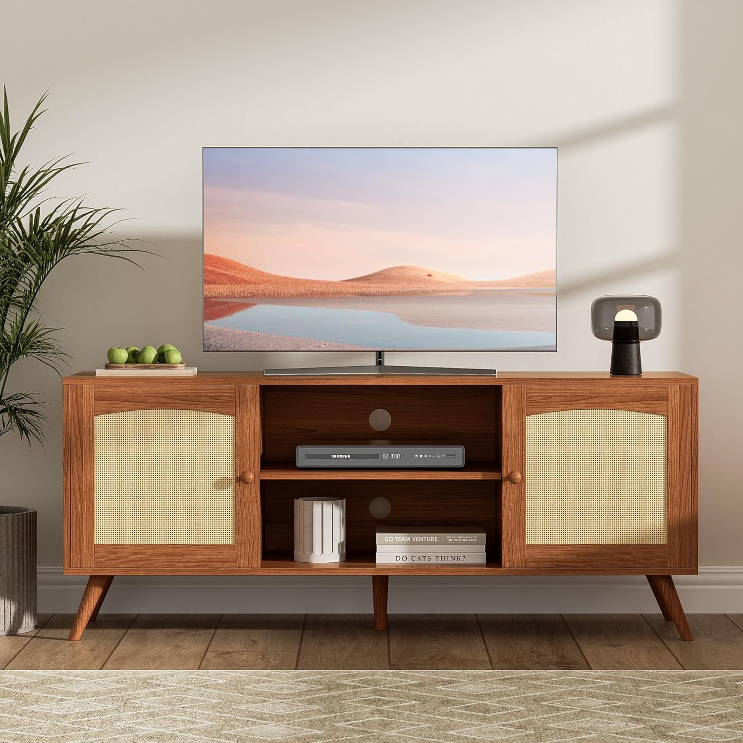 DIYART Brown Rattan TV Stand for 60 Inch TV, Wooden Mid Century Modern Entertainment Center with Natural Rattan Door, Boho Media TV Console for Living Room