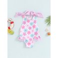 thumbnail image 2 of FEORJGP Kids Little Girl's One-piece Swimsuits 18M 2T 3T 4T 5T 6T Toddler Sleeveless Jumpsuits Flower Print Frill Trim Round Neck Rompers with 3D Bow thing Suit Beachwear for Summer Vacation, 2 of 7