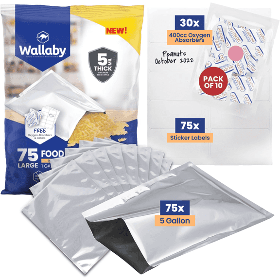 75 Wallaby Mylar Bags - Bundle - 1 Gallon (5 Mil, 10in x 14in) with 80 400cc Oxygen Absorbers, 80 Sticker Labels - Heat Sealable, Food Safe, Long Term Food Storage & Survival - Silver