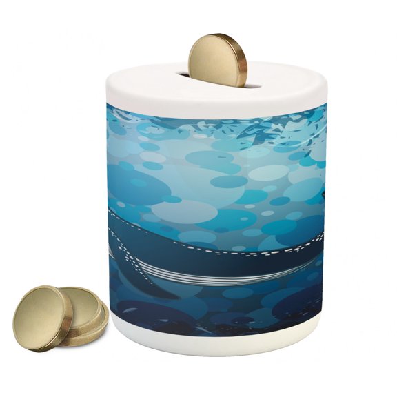 Whale Piggy Bank, Vintage Whale Poster Motif on Marine Grunge Backdrop Retro Ocean Graphic, Ceramic Coin Bank Money Box for Cash Saving, 3.6" X 3.2", Petrol and Violet Blue, by Ambesonne