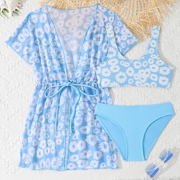 Kid Girls Swimsuit Set 3 Piece Tankini Swimwear Set Cover up Bathing Suit Girls 6-7 Years