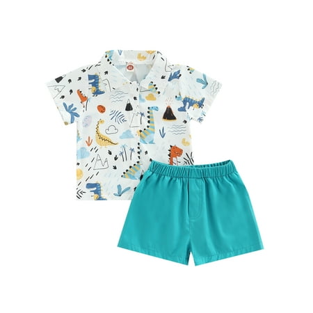 

Canrulo Summer Kids Baby Boys 2pcs Clothes Dinosaur Printed Single Breasted Shirts Tops+Solid Shorts Sets Lake Blue 3-4 Years