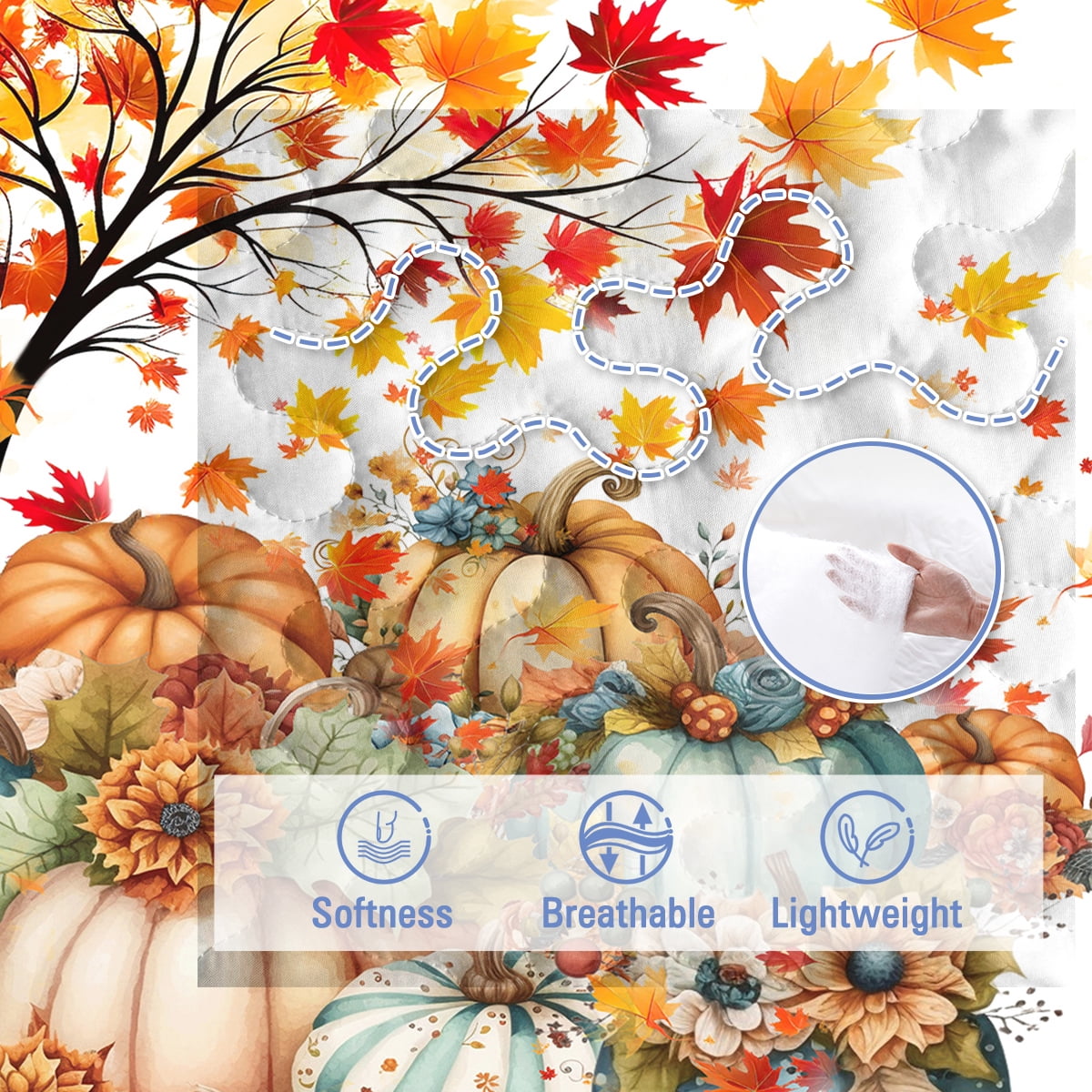 3 Pieces Colorful Oil Painting Pumpkin Pattern Quilt Set Queen Size for All Seasons Flower Fall Leaves Bedding Set with 2 Pillowcases for Kids Adults