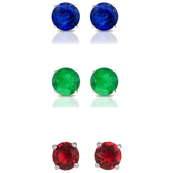 18k White Gold 0.5 Ct Round Blue Sapphire, Emerald and Ruby Stud Earrings Plated by Paris Jewelry