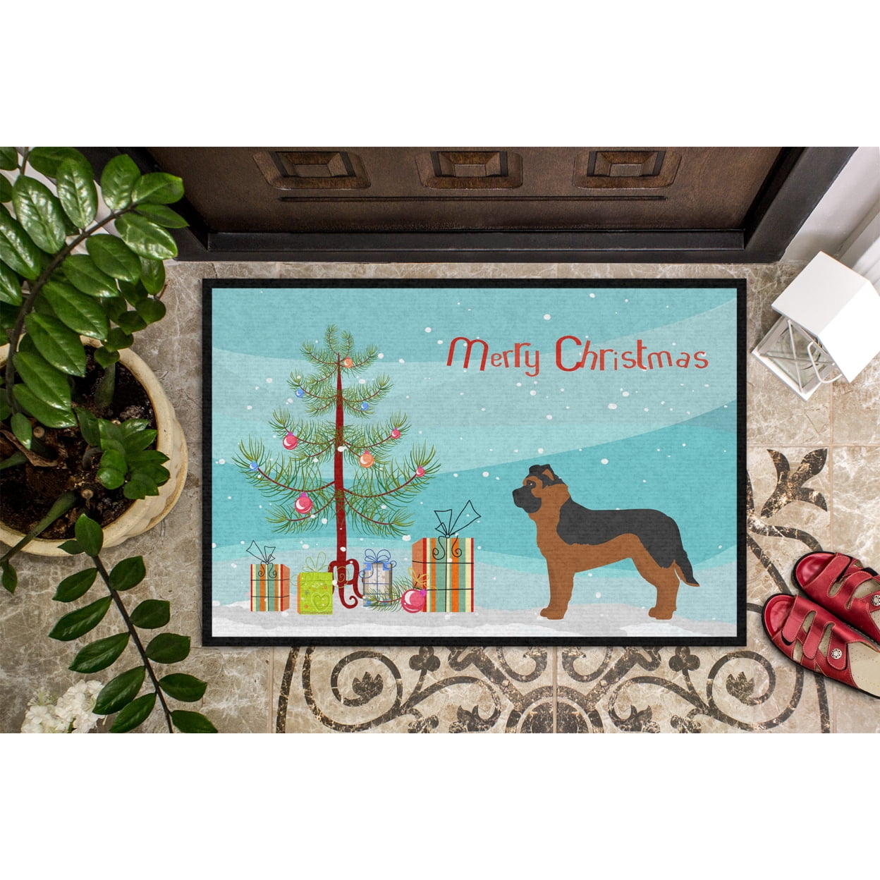 Black German Shepherd Mastiff Mix Christmas Tree Door Mat