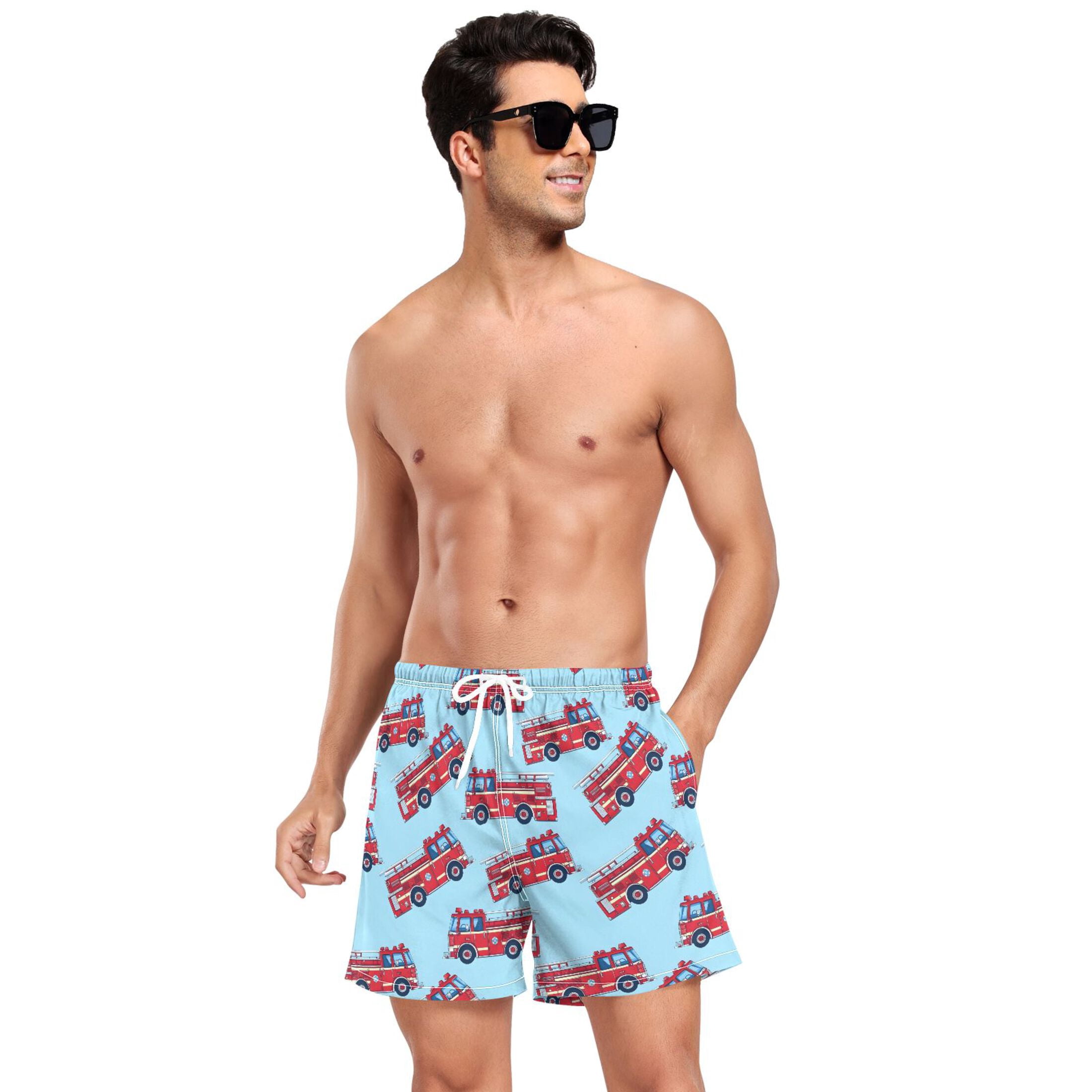 joogoo Men's Cartoon Fire Trucks Swim Trunks with Liner Pocket Beach Shorts XXL