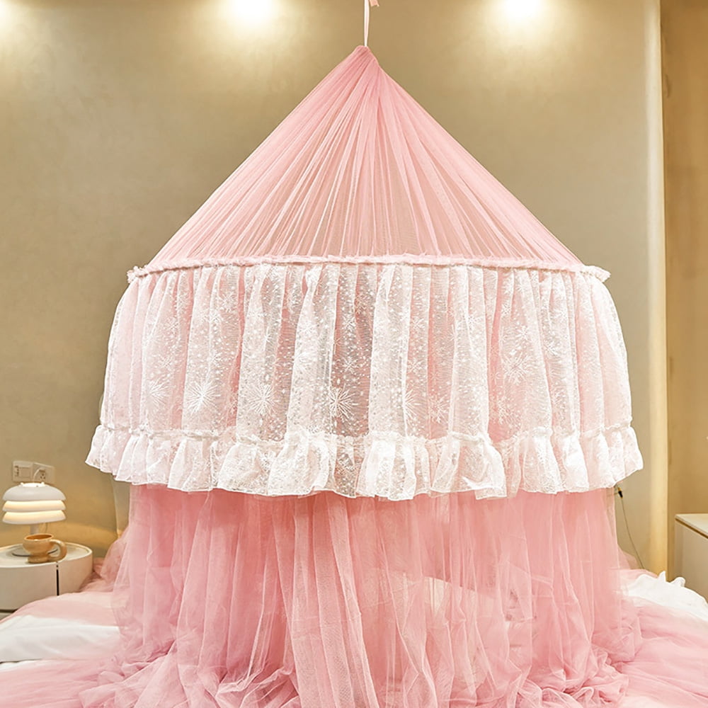 Kadahis Bed Canopy for Girls & Adults, Round Dome Lace Princess Canopies Netting, Cute Double Layer Bed Canopy Drapes for Decoration, Playing,Reading, Sleepping