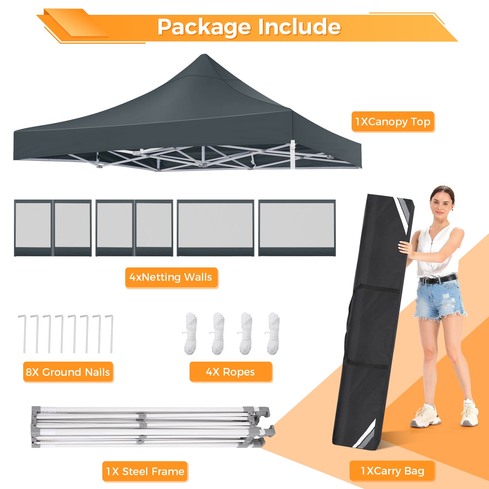 COBIZI 10x10 Heavy Duty Canopy, Pop Up Canopy Gazebo with Netting, Waterproof & Sunproof Party Tent with Mosquito Net, Outdoor Instant Canopy for Outside Party Backyard, Weddings, Birthdays, Gray