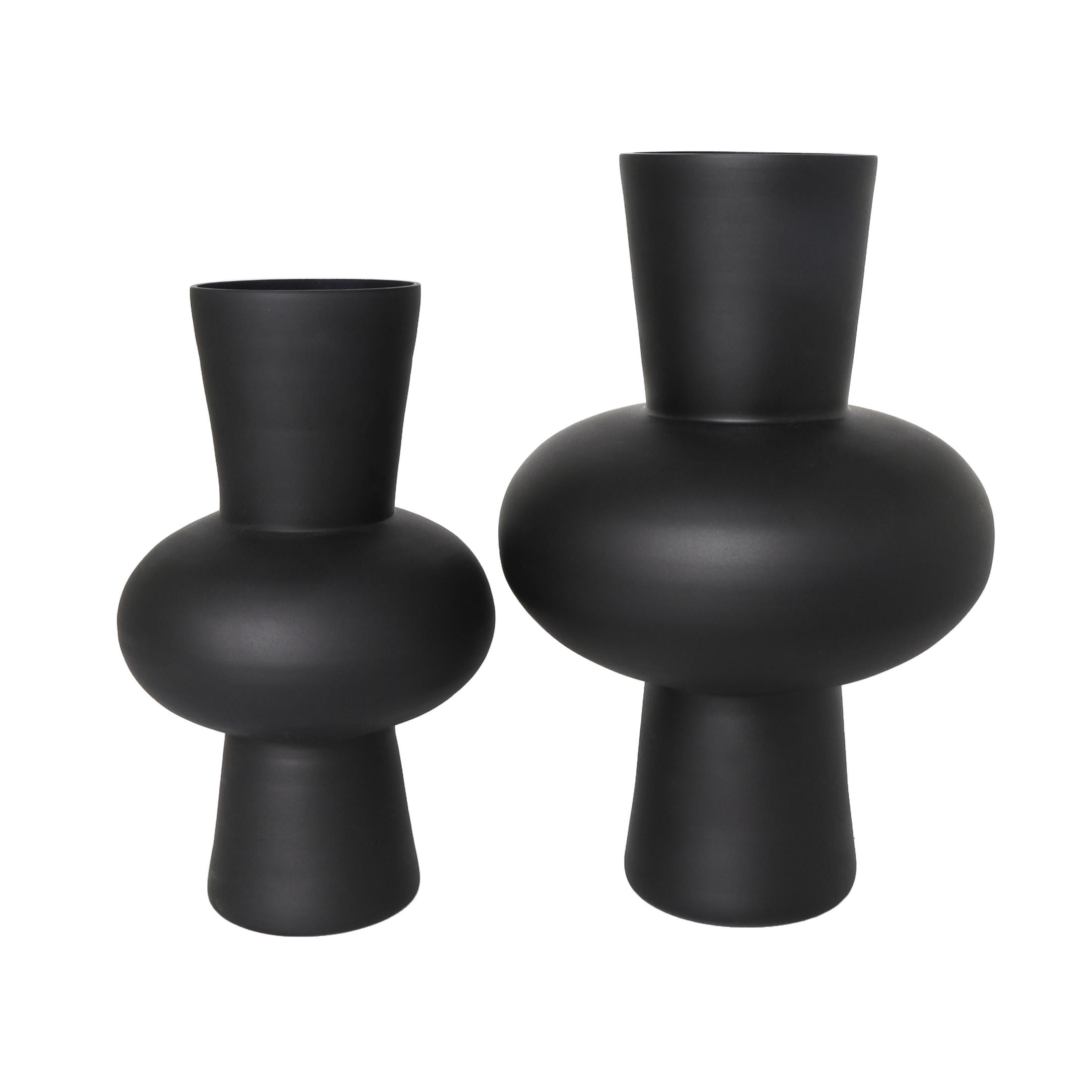 DecMode 12", 10"H Trumpet Black Glass Vase with Wide Rounded Center, Set of 2