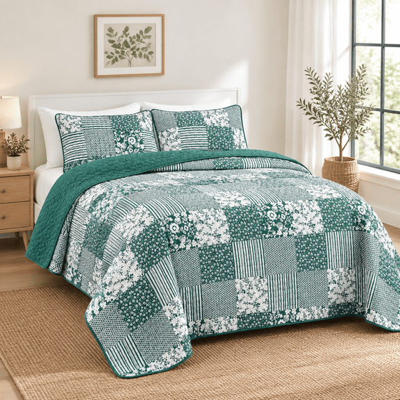 Full Queen Size Quilt Set Green Flpatchwork Bedspread Bedding