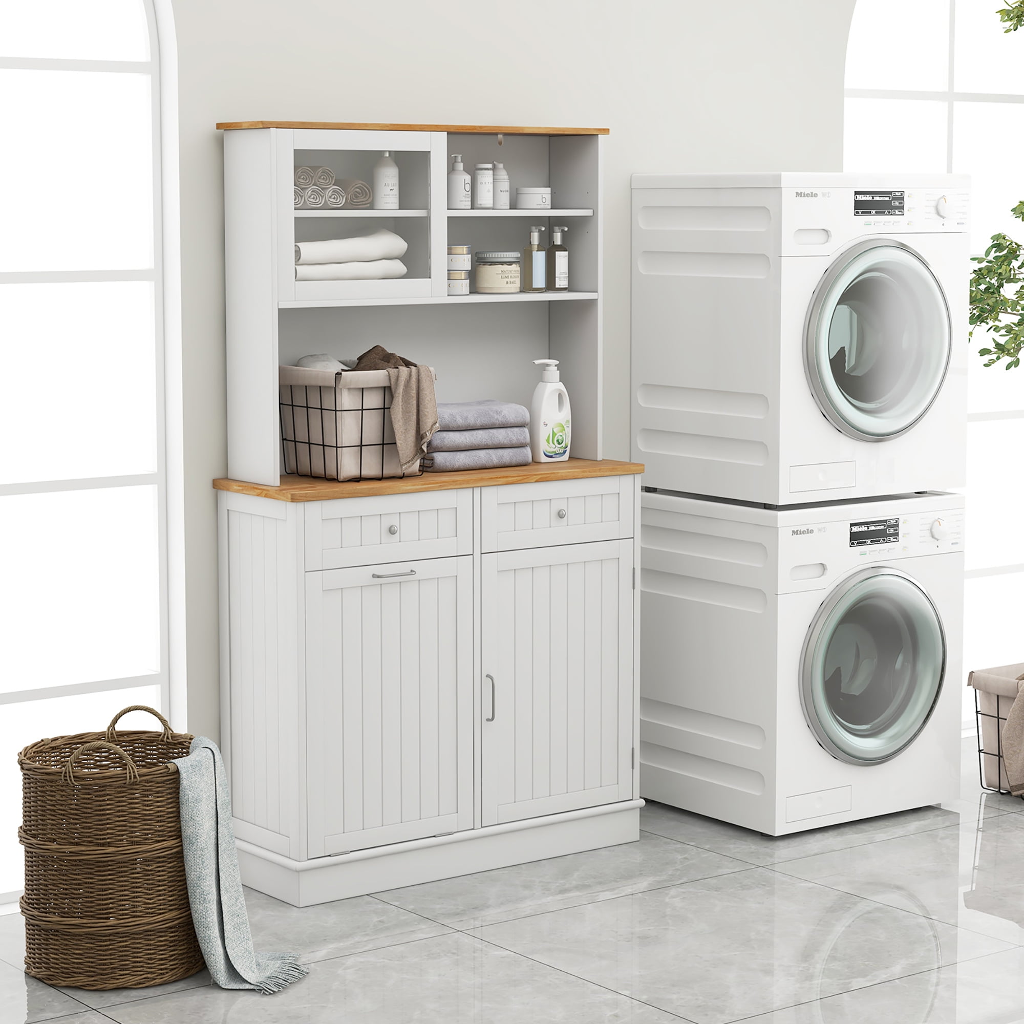 Gymax Double Tilt Out Trash Cabinet w/ Hutch Kitchen Pantry Storage Cabinet White