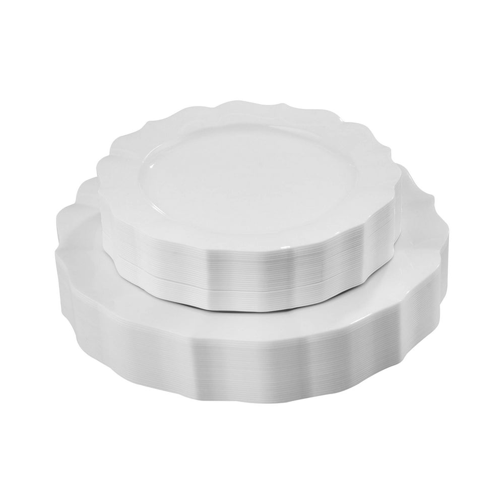 White Plastic Plates, Scalloped Rim White Disposable Party Plates, 20 ...