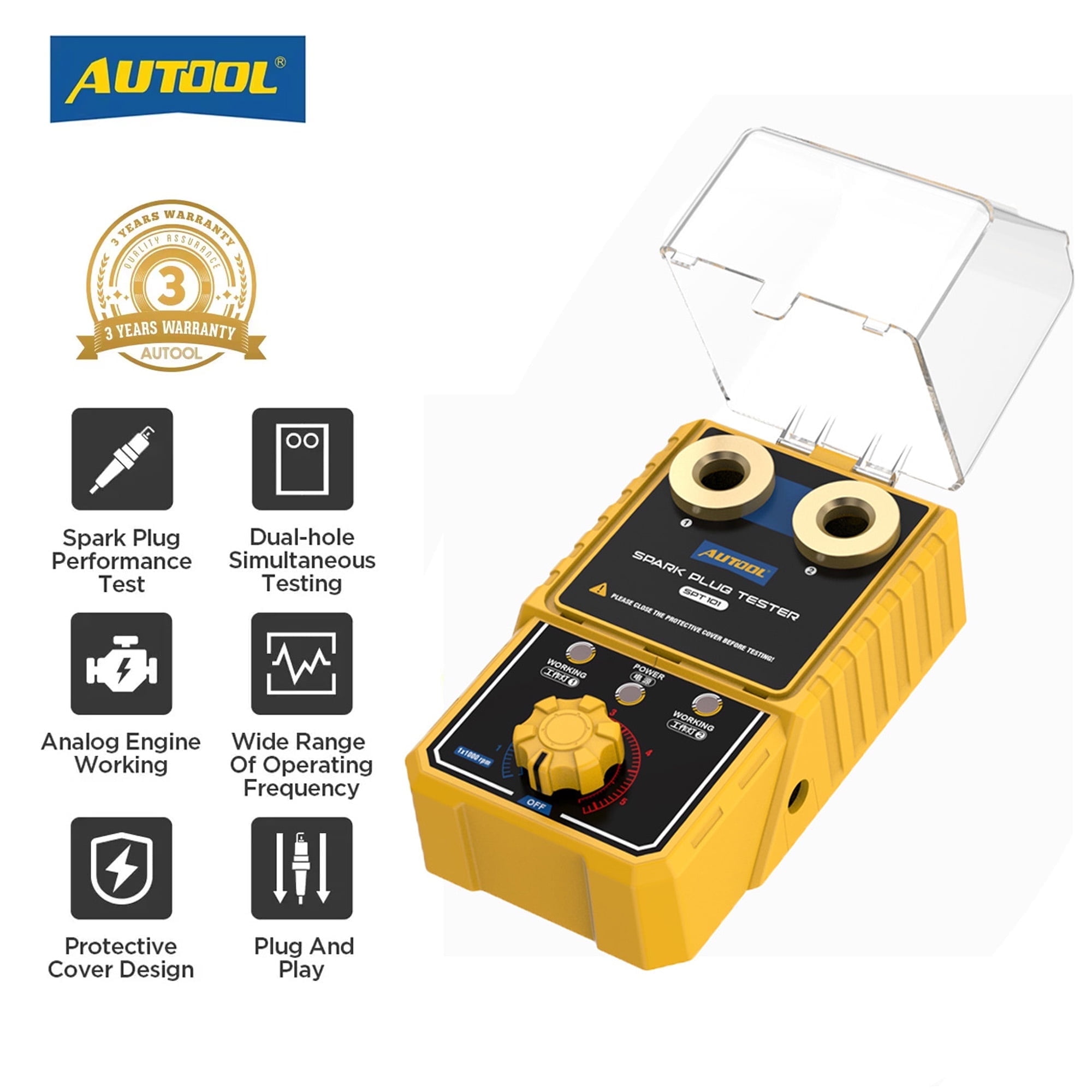 AUTOOL SPT101 Car Spark Plug Tester Double Hole Spark Plug Detector 0-6000rpm Adjustable Automotive Spark Plug Ignition Analyzer Diagnostic Tool for 12V Gasoline Vehicles, 110V/220V
