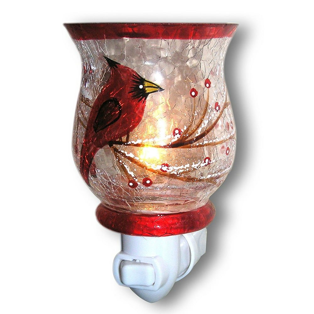 Red Cardinal Bird Night Light Hand painted Glass Shade Songbirds, RED CARDINAL NIGHT LIGHT