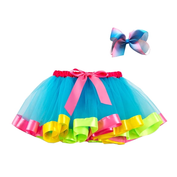 LEWKW Tutu Skirt for Girls with Matching Hair Bow Rainbow Ribbon Trim Layered Tulle Mesh Dance Costume Birthday Party Performance Twirly Apparel