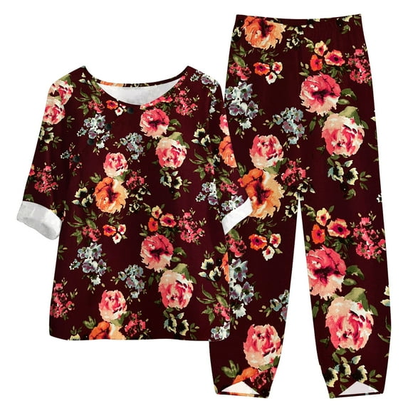 Cameland Women's Suit Women's Summer Printed Half Sleeve Round Neck Cropped Top + Casual Pants Suit Set Two Piece Lounge Set