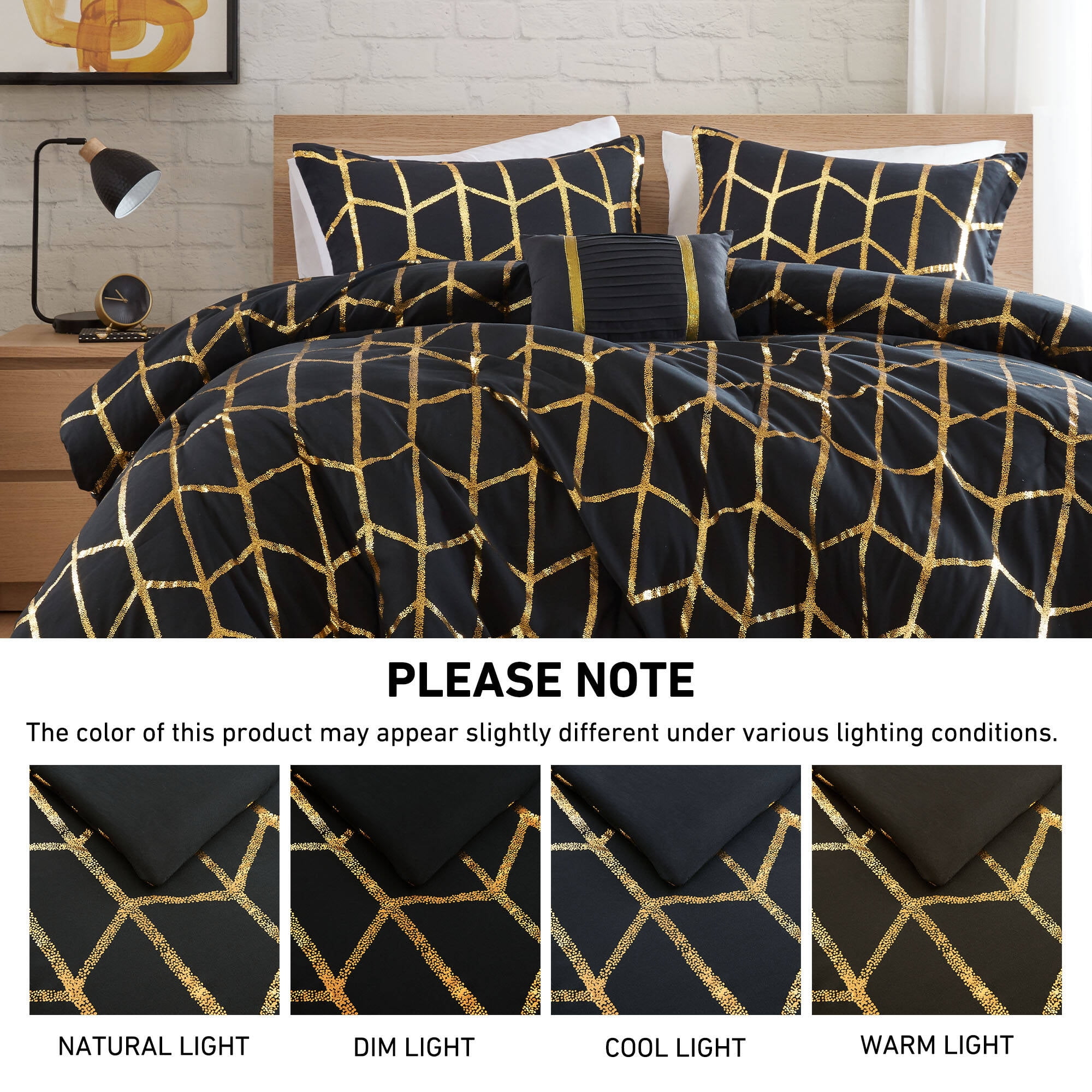 Regency Heights Twin/Twin XL Size Comforter Set, 3-Piece Bedding Set for All Seasons, Geometric Metallic Comforter Bed Set with Decor Pillows,Black/Gold
