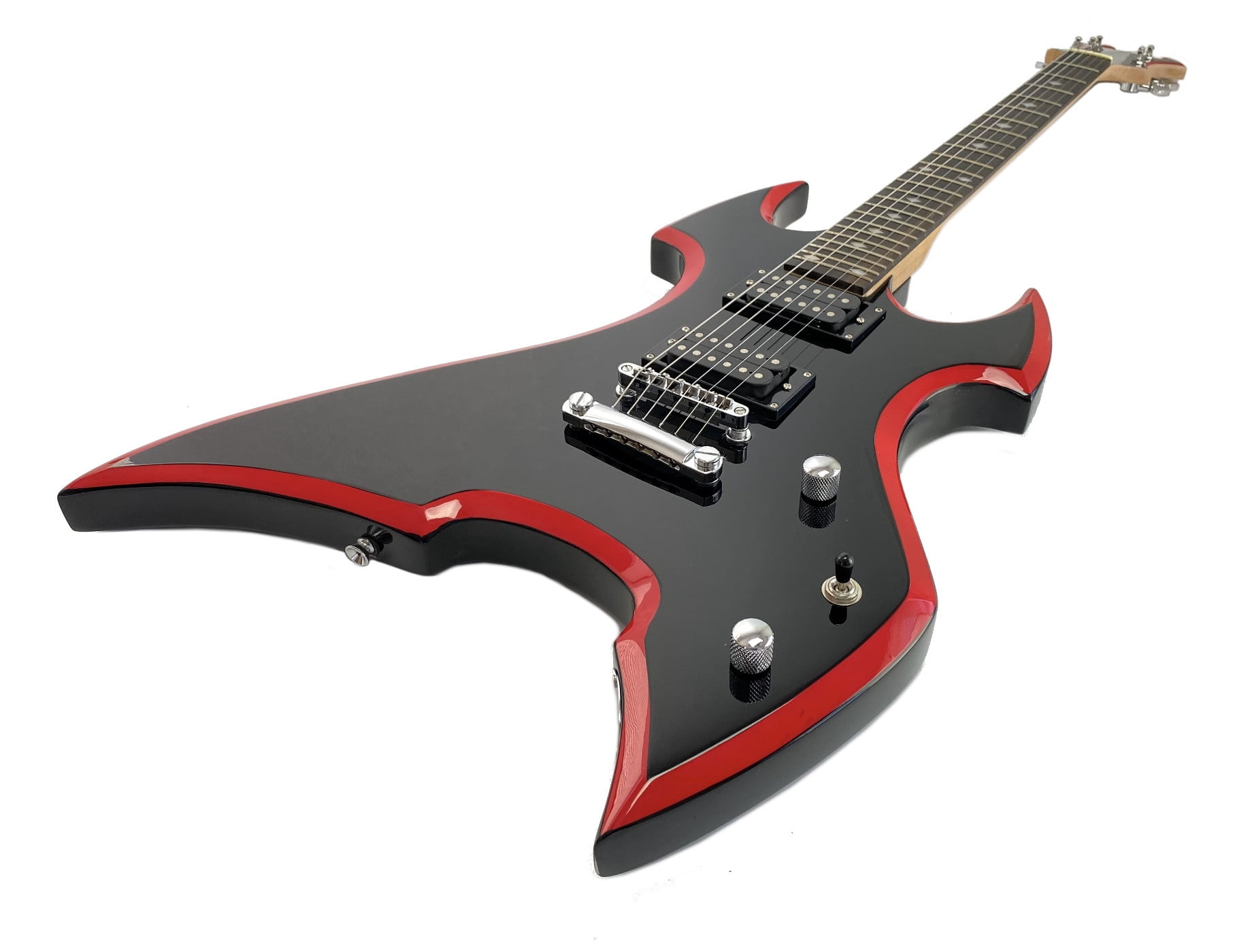 Full Size Right Handed Heavy Metal Style Electric 6 String Guitar, Solid Wood Body and Bolt on Neck, Cable and Allen Wrench, Color: Black with Red