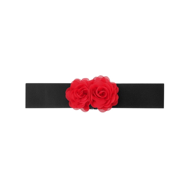 Cinturón Elástico Ancho para Mujeres INSPIRE CHIC, Corsé Estirable de Doble Flor Grande, Elegante y Casual para Vestido 68x6cm/26.8x2.4 pulgadas (LxA) Rojo