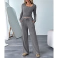 thumbnail image 5 of Women'S 2 Piece Matching Lounge Sets Fall Fashion Outfits Henley Neck Sweater Top Wide Leg Pants Sweat Suits Dark Gray M, 5 of 9