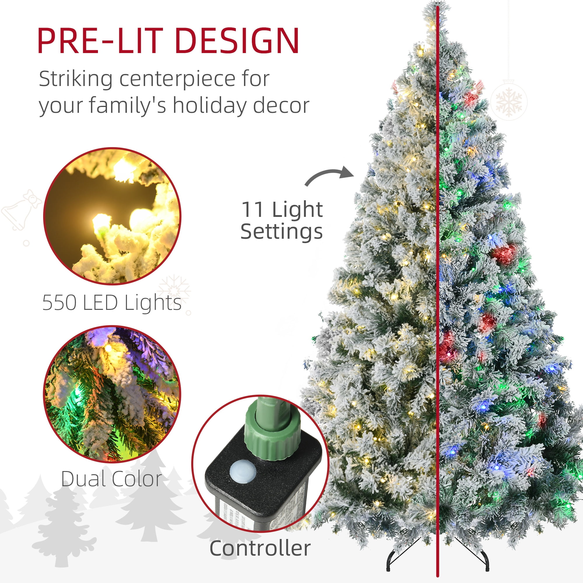 7.5ft Prelit Snow Flocked Christmas Tree with 550 LED Lights 1149 Tips Auto-Open Branches Indoor Decor