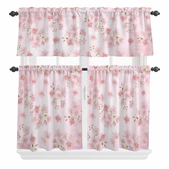3 Piece Kitchen Curtains and Valances Set Pink Floral Cafe Curtains 24 Inch Length Modern Farmhouse Aesthetic Shabby Chic Flower Valance & Tier Curtain for Living Room Bedroom 54"x18" 27"x24"*2