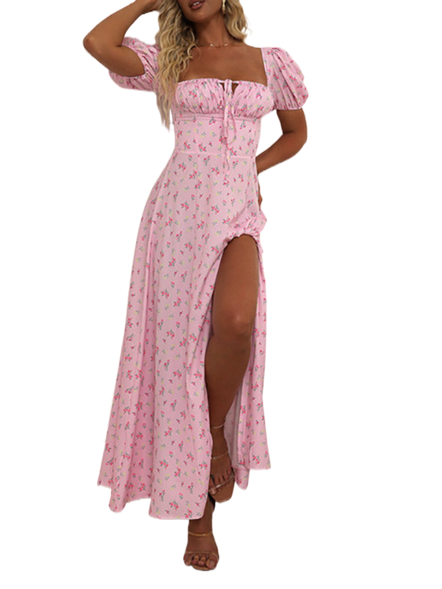 Gwiyeopda Women Summer Puff Sleeve Floral Split Maxi Dress Boho Flowy A