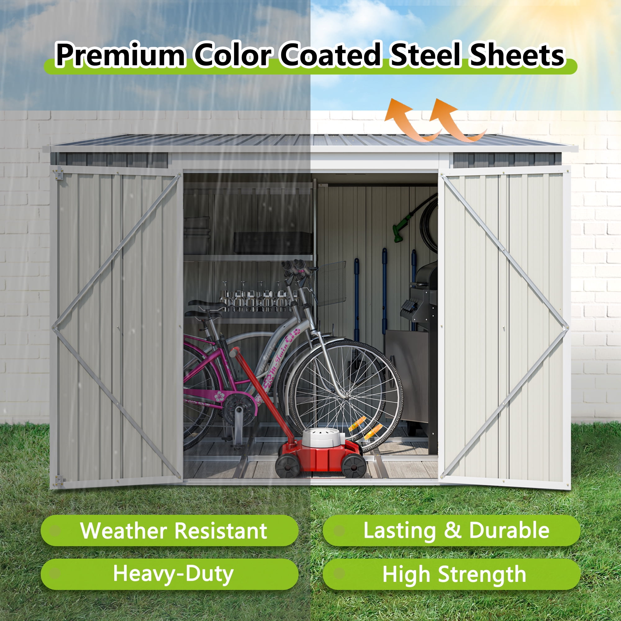 LZBEITEM 8x6 ft Outdoor Metal Storage Shed, Lean-to Design, Lockable Garden Tool Shed with Side Wall Entry Door, Gray, Galvanized Floor Frame