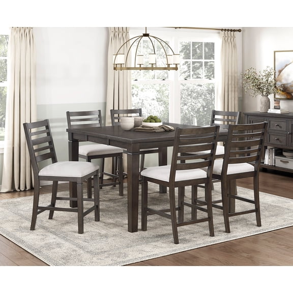 Dark Espresso Finish Counter Height Dining Set 7pc Table with Leaf and Upholstered Chairs Wooden Furniture