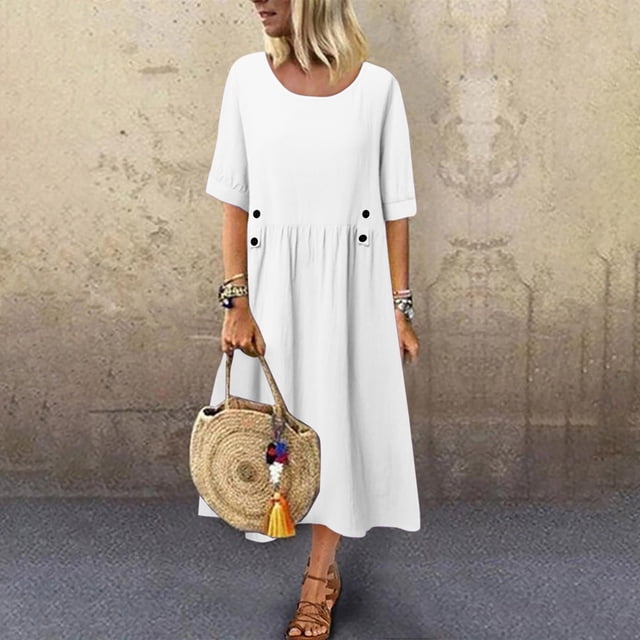Fshaion Robe d'Été pour Femmes 2024 Grande Taille Printemps et Col Rond Coton et Lin Décontracté Manches Courtes en Solde à Moins de 10!