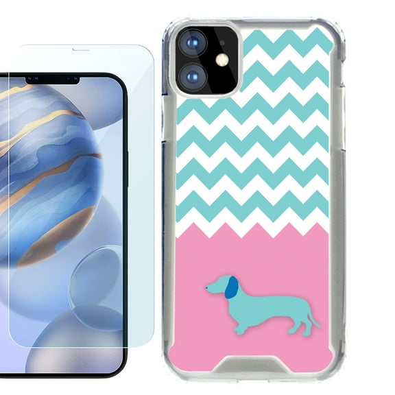 For Apple iPhone 12 Case, iPhone 12 Pro Case, Hybrid Bumper Phone case, with Tempered Glass Screen Protector, by OneToughShield ® - Chevron/Dachshund/Puppy
