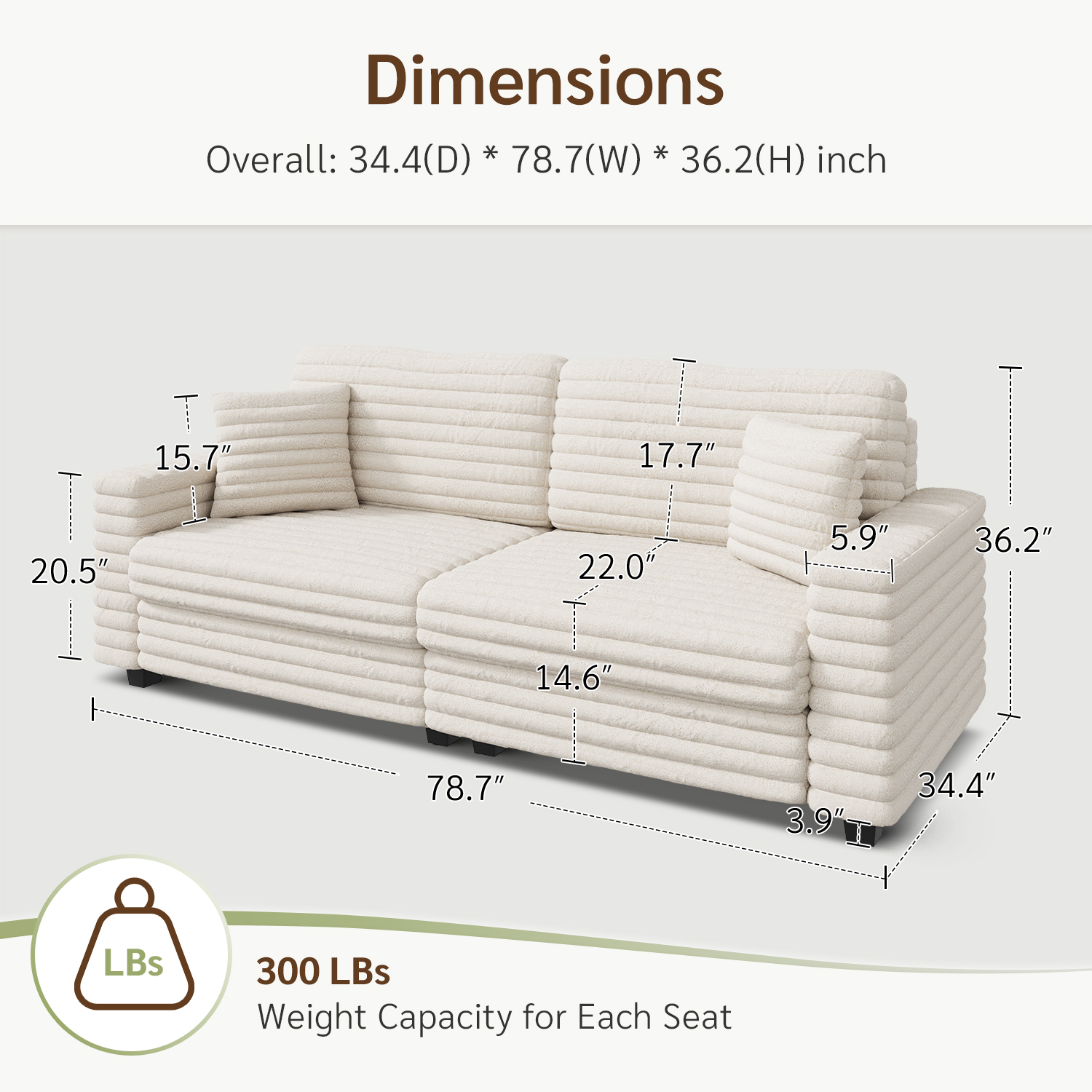 Marrber 79” Oversized Plush Corduroy Loveseat Cloud Sofa, Comfy Extra Deep Seat with Two Pillows and Wide Armrests for Living Room, Apartment, Sturdy, Beige