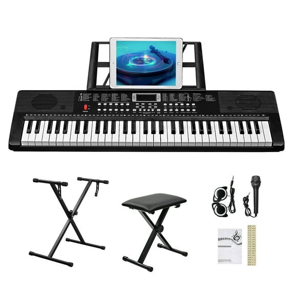 61 Key Keyboard with Piano Stand, Piano Bench, Built In Speakers, Headphone, Microphone, Music Rest, LED Screen, 3 Teaching Modes for Beginners