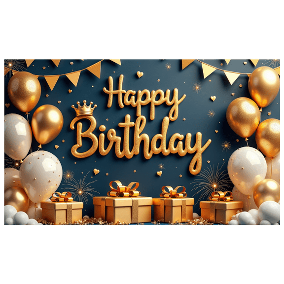 Gold Elements Birthday Banner Decorative Design Gift Box Balloon Celebration Banner for Birthday Party Indoor Decoration Photo Shoot