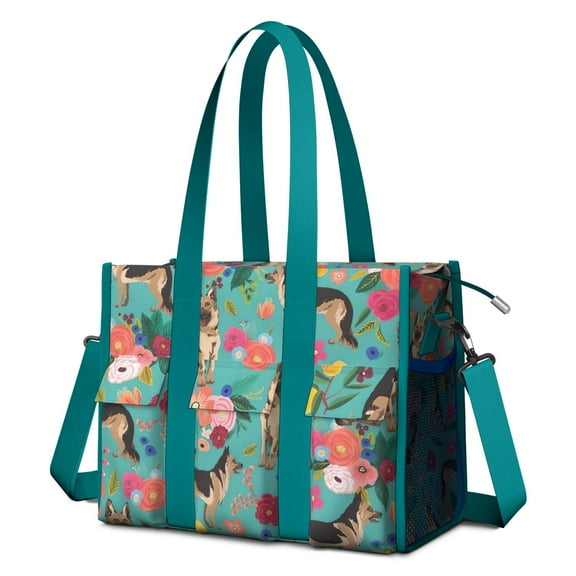 Teacher Tote Bag,German Shepherd Dog and Flower Teacher Utility Tote Bag,Large Work Tote Bags for Women with Multiple Pockets,Top Zipper Closure,13.8x10.6x6.7 Inch