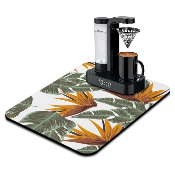 Colorful Tropical Plant Coffee Mat, Absorbent Kitchen Drying Pad, Diatom Mud Summer Palm Design Under Coffee Machine Mat