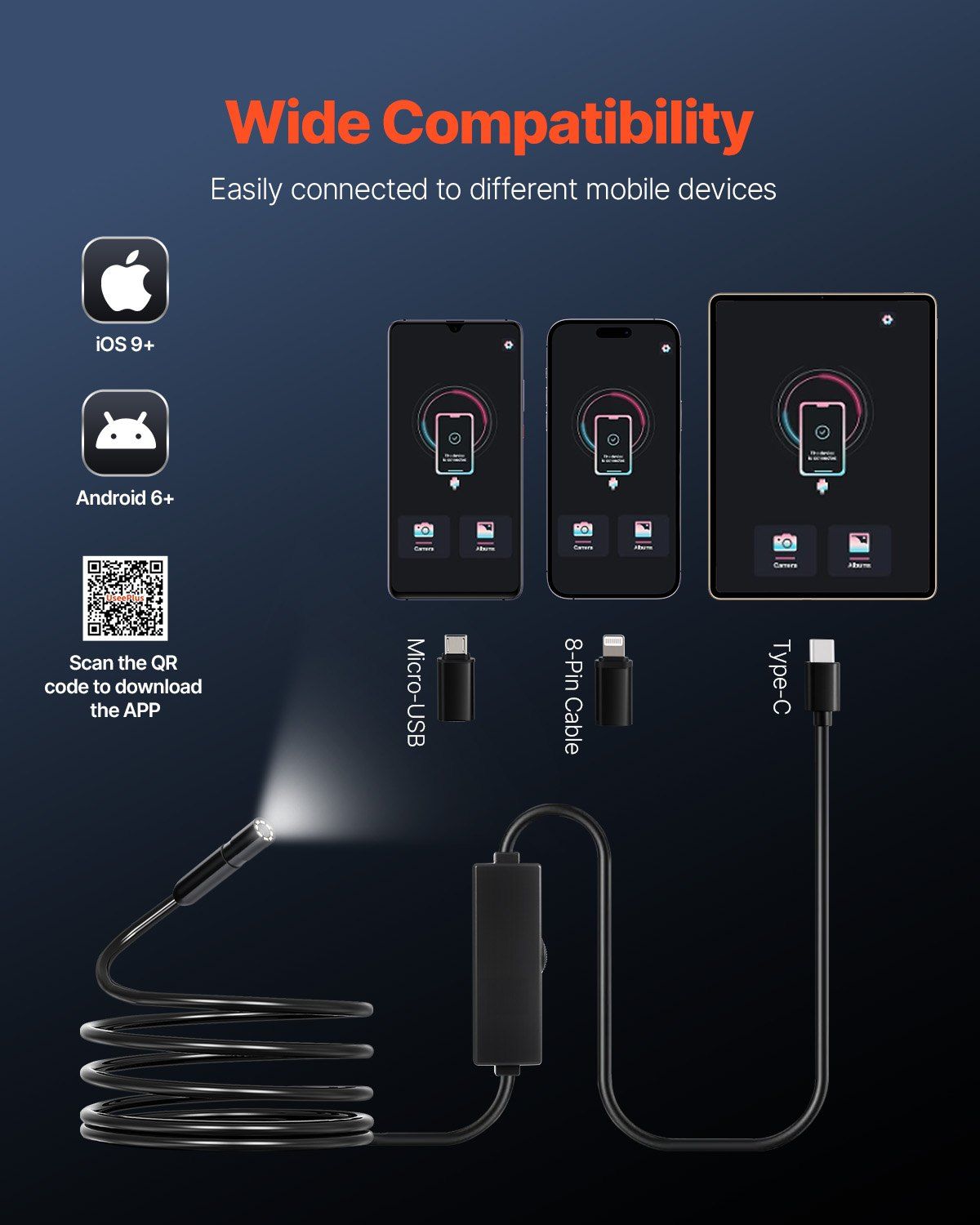 Endoscope Camera 1920P HD Borescope for Android & iOS with 10FT Cable, 2MP Digital Inspection Camera with Adjustable LED Lights for Plumbing, Automotive, and Industrial Use
