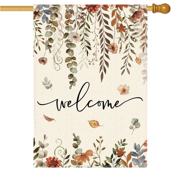 Fall Thanksgiving Eucalyptus Floral Welcome Garden Flag 28 x 40 Inch Double Sided, Autumn Flower Burlap Large Yard House Flag Farmhouse Seasonal Holiday Patio Outdoor Outside Decoration
