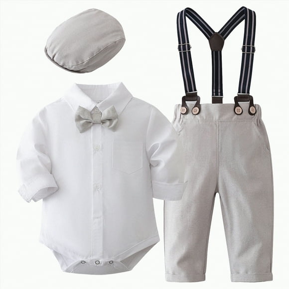 Zanarzt Baby Boy Clothes Toddler Boy Outfits Children Suit Toddler Boy Clothes 3Pcs Baby Boy Clothes Baby Plaid Shirt Suspender Pants Khaki,6-12 Months