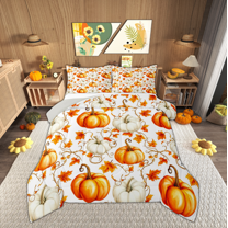Manfei White Orange Pumpkin Queen Comforter Set, Vintage Rustic Flower Floral Bedding Comforter Set, Maple Leaf Reversible Bedding Set, Ultra Soft Home Decor, 3pcs