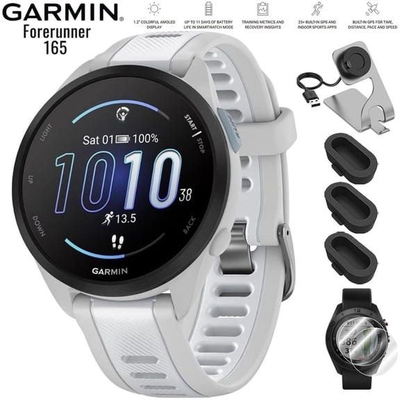 Garmin 010-02863-21 Forerunner 165 Smart Sport Watch Mist Gray   Whitestone Bundle with Deco Essentials Charging Dock, Silicone Dust Cover 3 Pack and Screen Protector for 1.2 inch 2 Pack