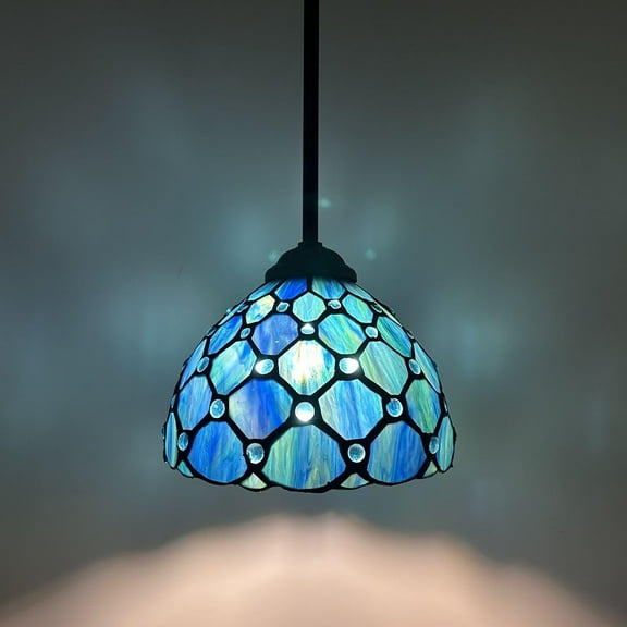 Tiffany Mini Hanging Lights Blue Stained Glass Crystal Beans LED Bulb Included 8"W*8"D*60"H