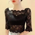 thumbnail image 2 of Quixlent Women Summer Cropped Tops One-word Collar Half Sleeve Blouse See-through Embroidery Lace Pullover Tops, 2 of 7