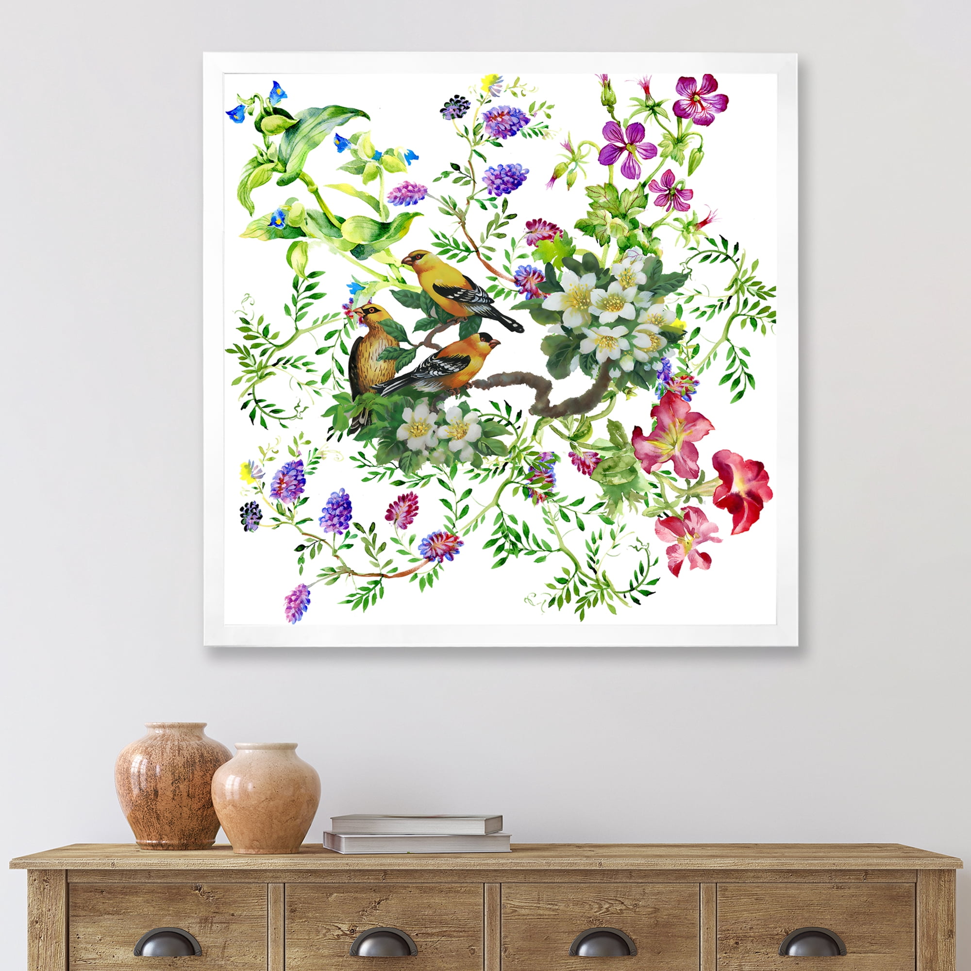 Designart 'Tropical Birds Sitting On Blooming Tree' Traditional Framed Art Print